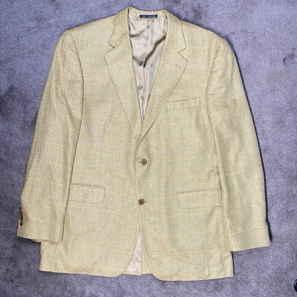 Lands' End Men 44 LONG 100% Silk Herringbone British Tan Aqua White Check Blazer